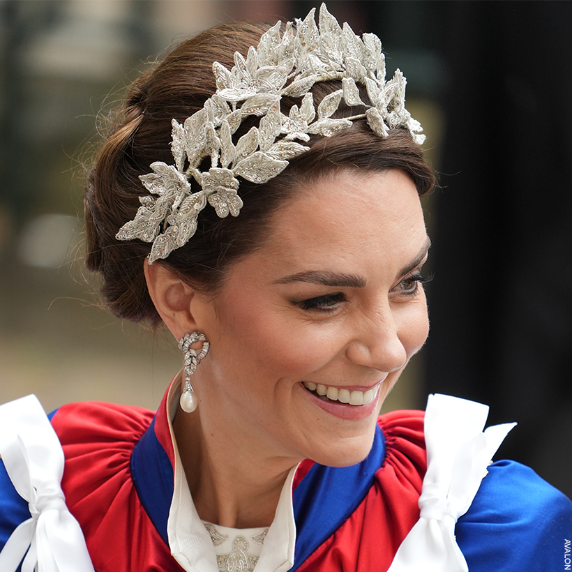 Kate Middleton's silver floral and leaf crystal headband at King Charles' coronation. 