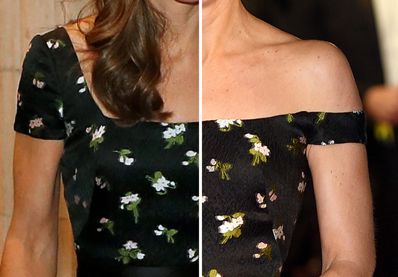 Close-up comparison of Kate Middleton's floral dress, showing the altered design with short sleeves on the left and the original off-the-shoulder design on the right.
