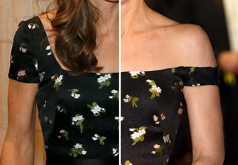 9 times Kate Middleton altered & upcycled her outfits 12 Close-up comparison of Kate Middleton's floral dress, showing the altered design with short sleeves on the left and the original off-the-shoulder design on the right.