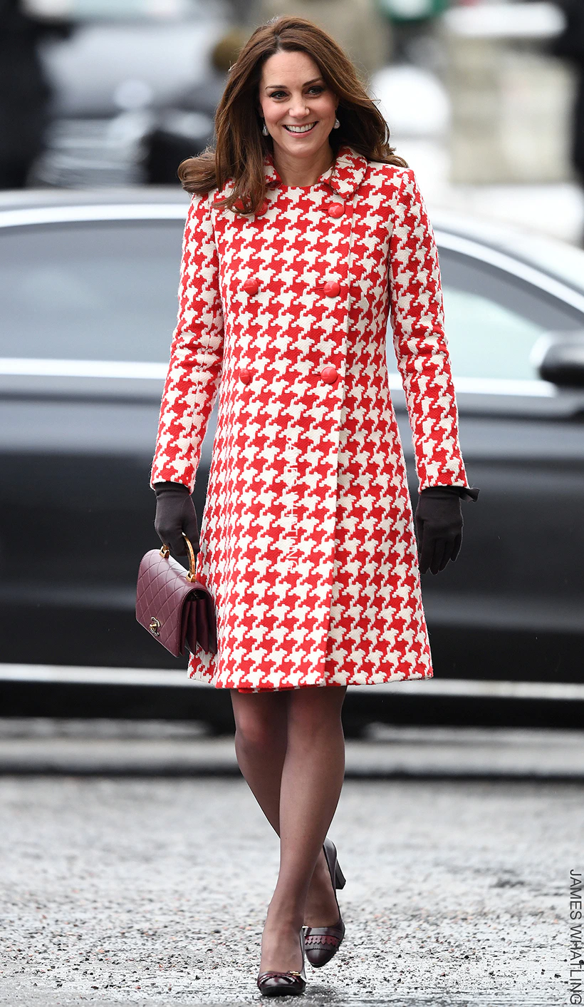 9 times Kate Middleton altered & upcycled her outfits 16 Kate Middleton, 6-7 months pregnant with Prince Louis during her visit to Stockholm, Sweden in 2018, wearing a red and white houndstooth coat by Catherine Walker & Co, paired with black gloves, a maroon handbag, and maroon heels.
