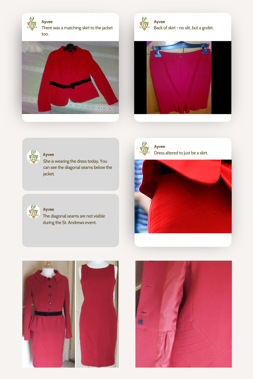 A collage of images showing the red Luisa Spagnoli suit worn by Kate Middleton, featuring the matching skirt and jacket, with detailed views of the back of the skirt, the dress altered to be a skirt, and the diagonal seams. The collage includes text annotations by Ayvee describing the different elements of the suit.