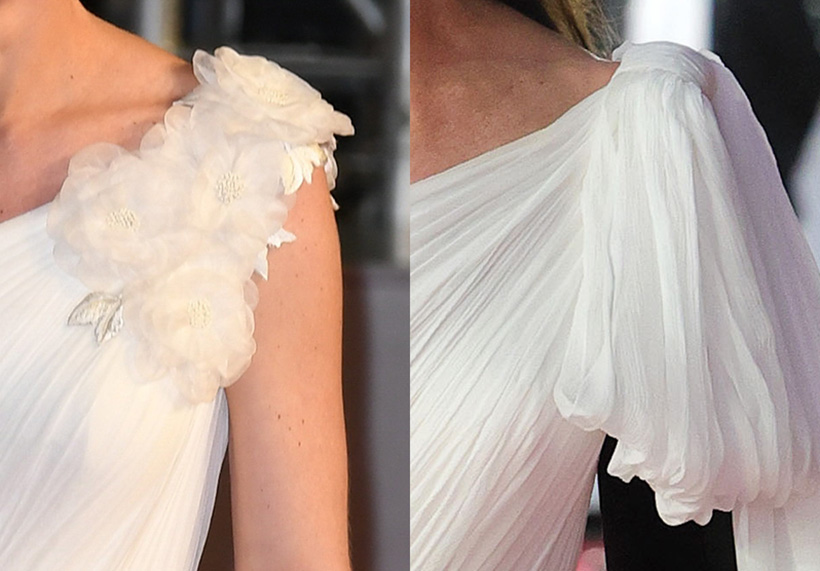 Side-by-side comparison of Kate Middleton's white BAFTA gowns, highlighting the original shoulder detail with floral embellishments on the left and the altered design with a pleated bow on the right.