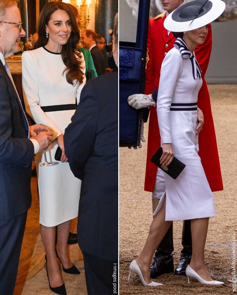 A side-by-side comparison showing the Princess's two similar looks.  Did she upcycle the white dress by wearing it again with new additions?