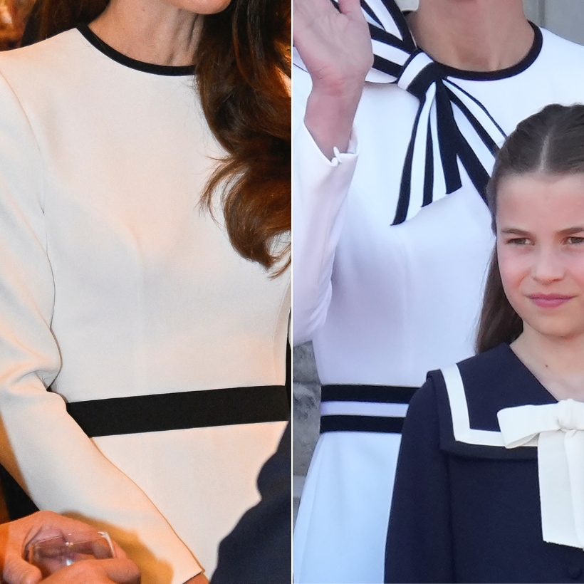 A side-by-side comparison showing the Princess's two similar looks.  Did she upcycle the white dress by adding a bow to the neckline & swapping the belt?