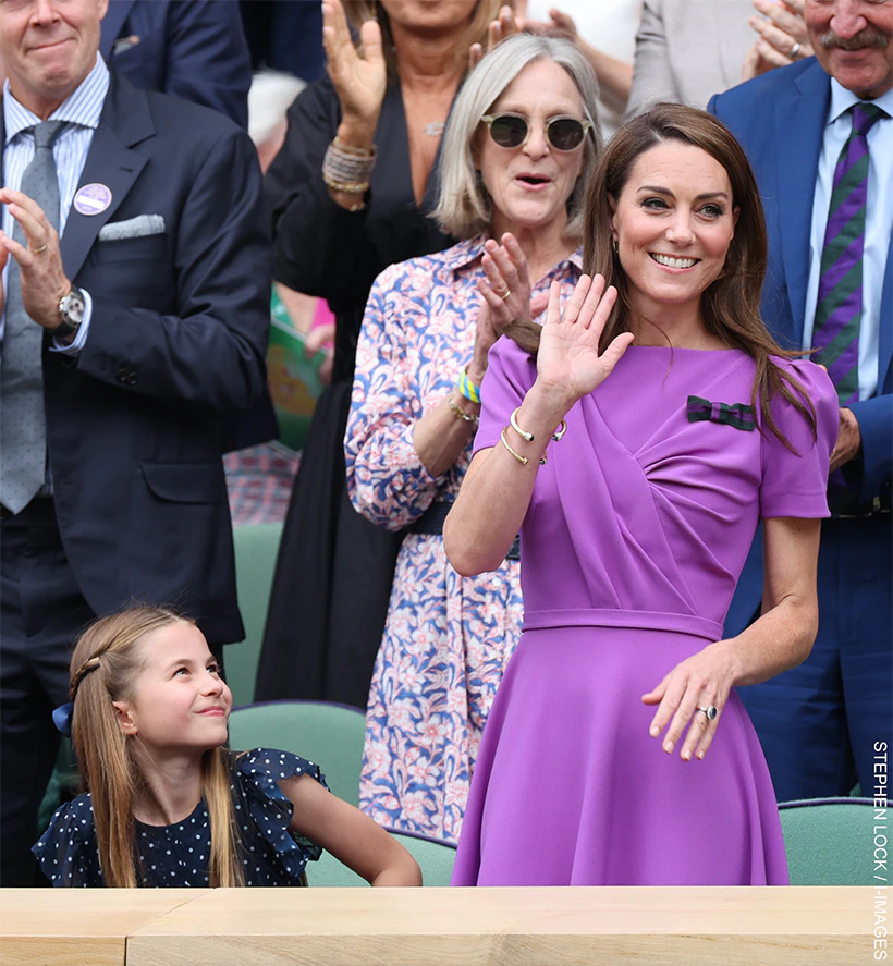 Kate Middleton in the Royal Box at Wimbledon, wearing a purple dress