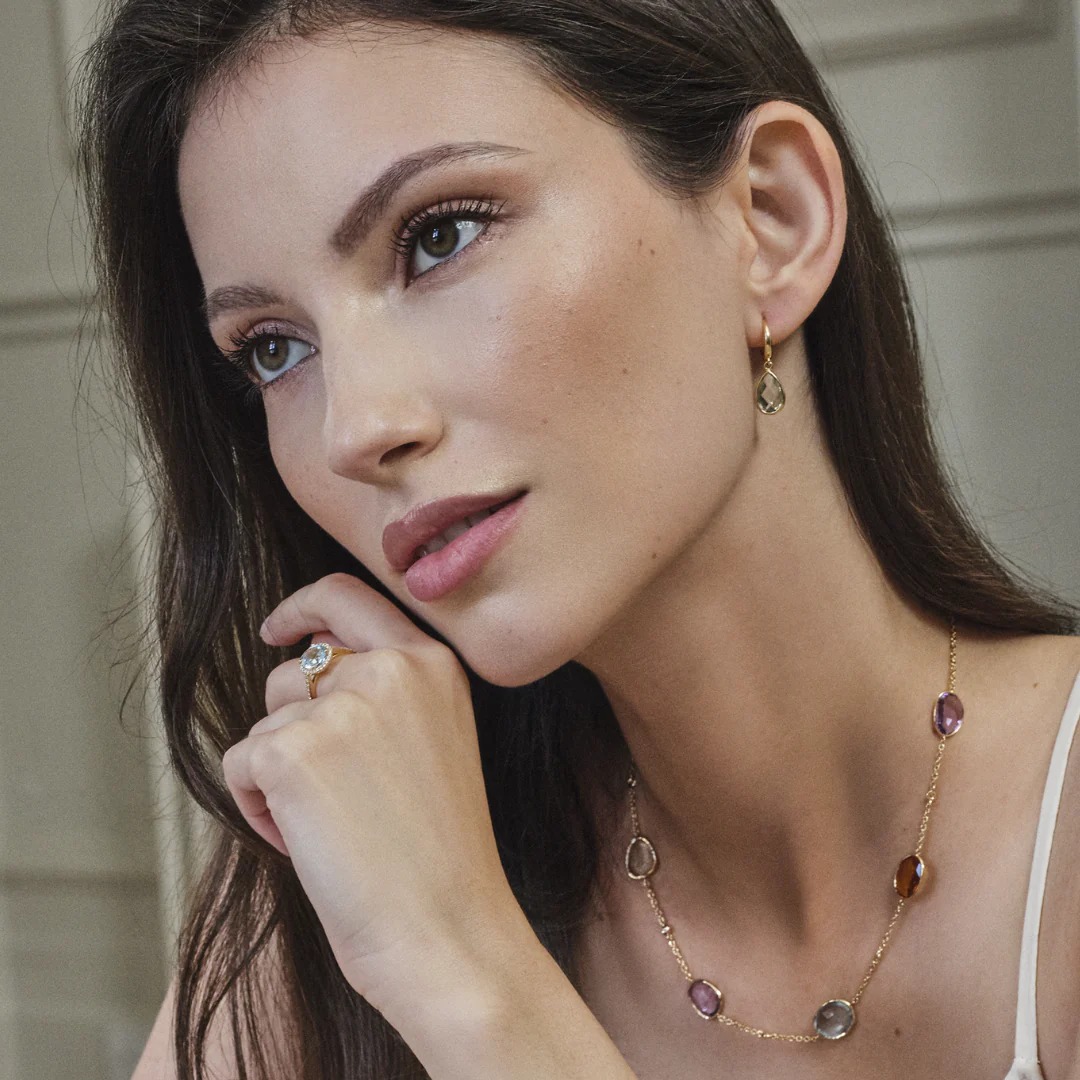 Model wearing the Kiki McDonough pear drop earrings