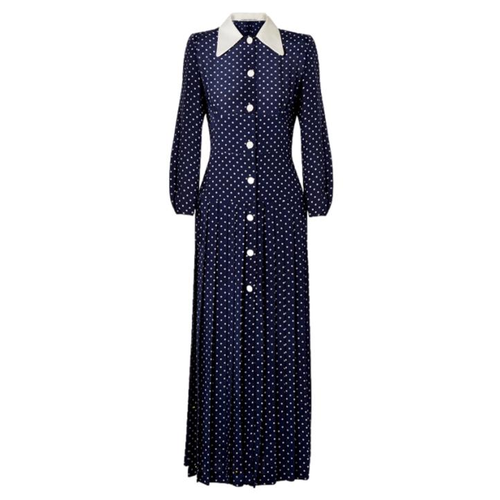 Alessandra Rich Pleated Polka-Dot Midi Dress in Navy Blue