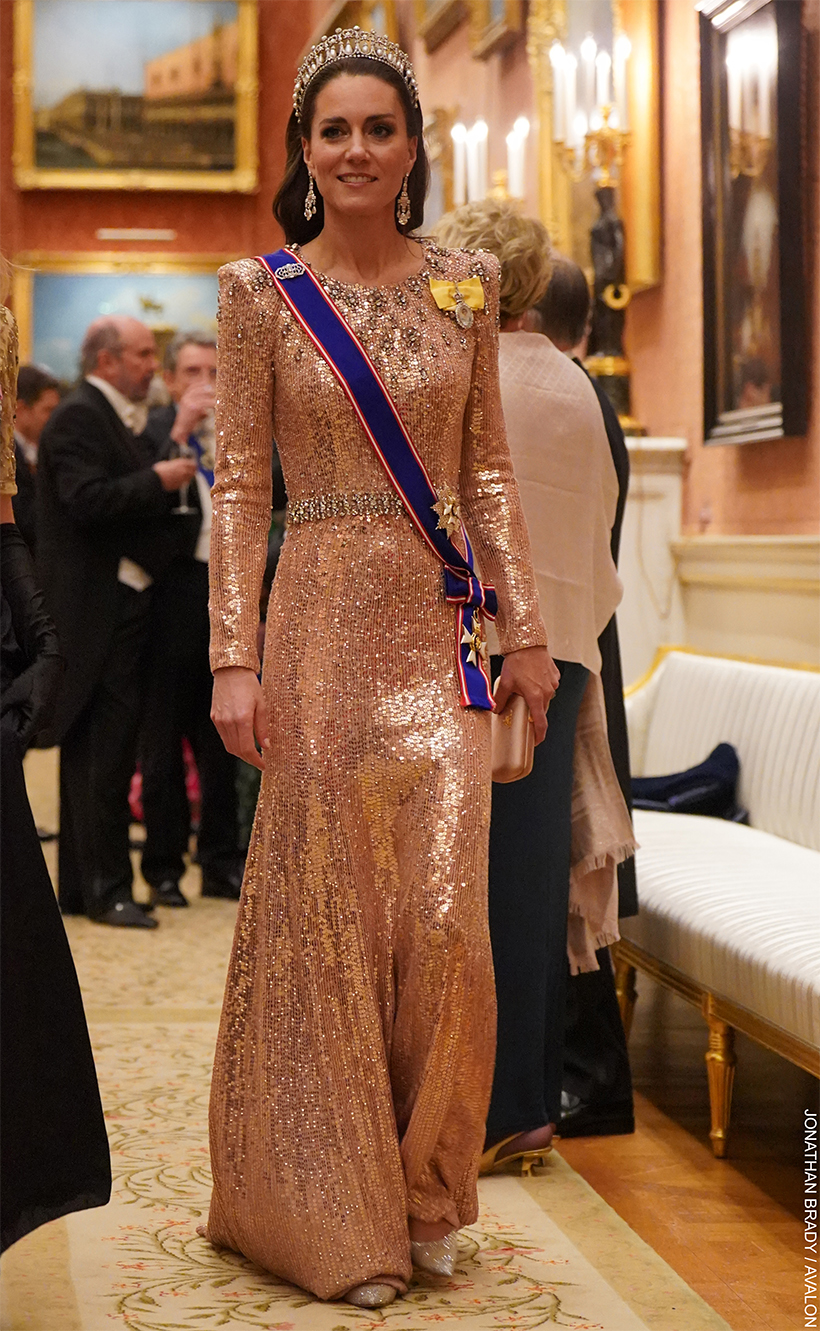 The Princess of Wales wears a pink embellished gown, a crown and jewels