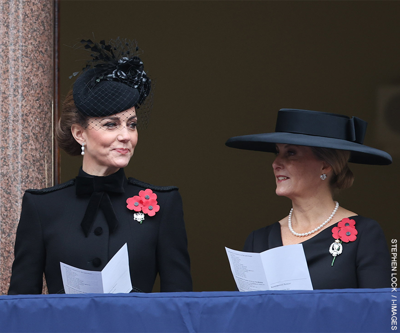 The Princess of Wales and the duchess of Edinburgh standing on the Foreign Office balcony on Remembrance Sunday, chatting to one another