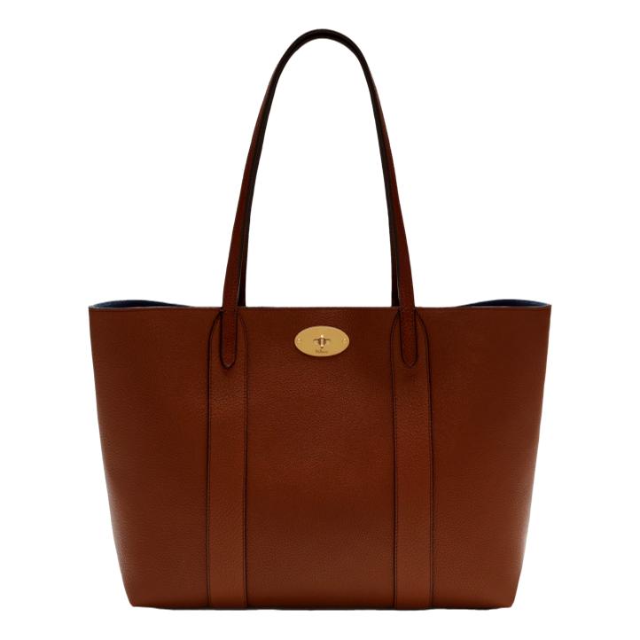 A full product shot of the Mulberry Bayswater Tote in brown, showing its timeless design and iconic Postman’s Lock closure.