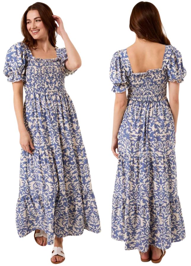 Image composite showing a model wearing a maxi dress with shirred bodice from New Look, in a purple-blue and cream paisley print 