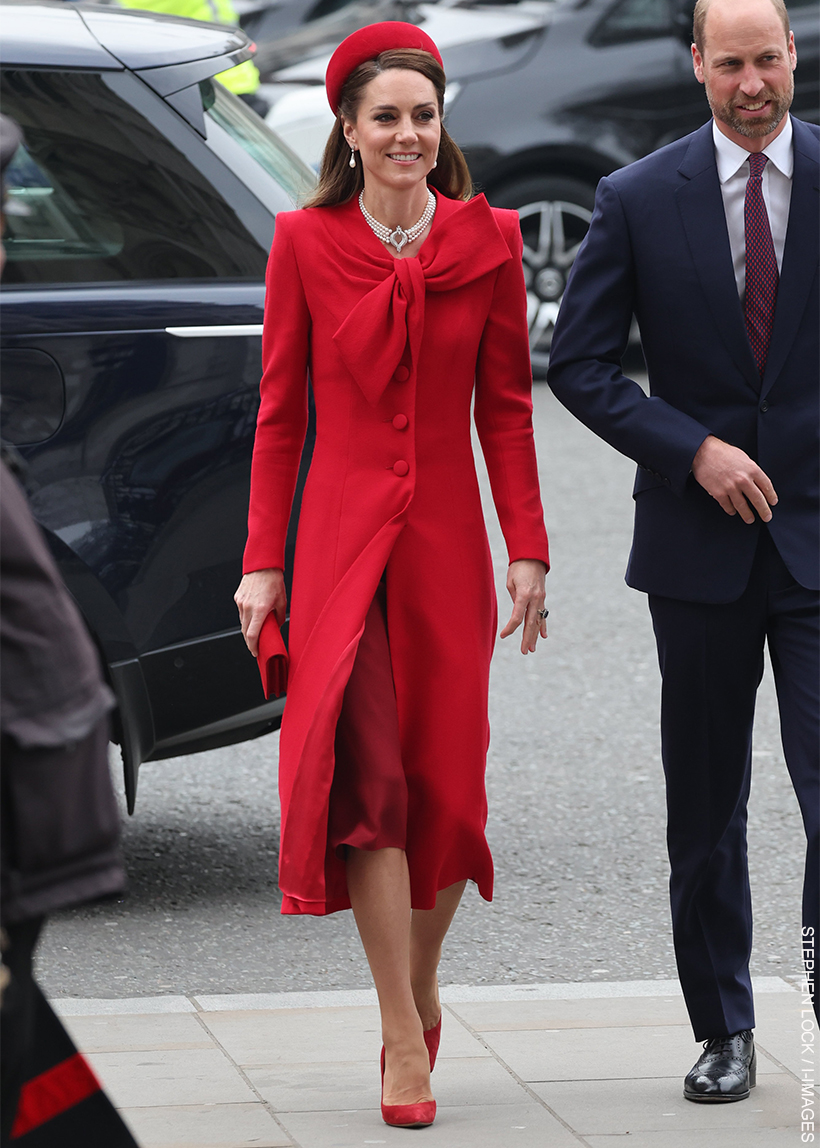 Kate Middleton returns to Commonwealth Day service wearing red repeats and historic pearls