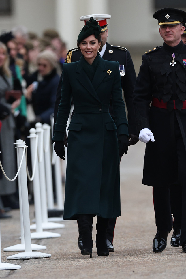 The Princess of Wales wearing a green coat on St Patrick's Day as she takes part in the Irish Guards' annual parade