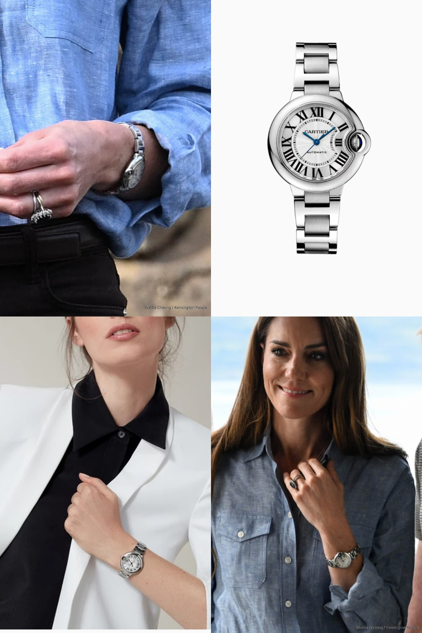 Composite image showing the Princess of Wales wearing her Cartier Ballon Bleu watch, alongside the model wearing. the watch too