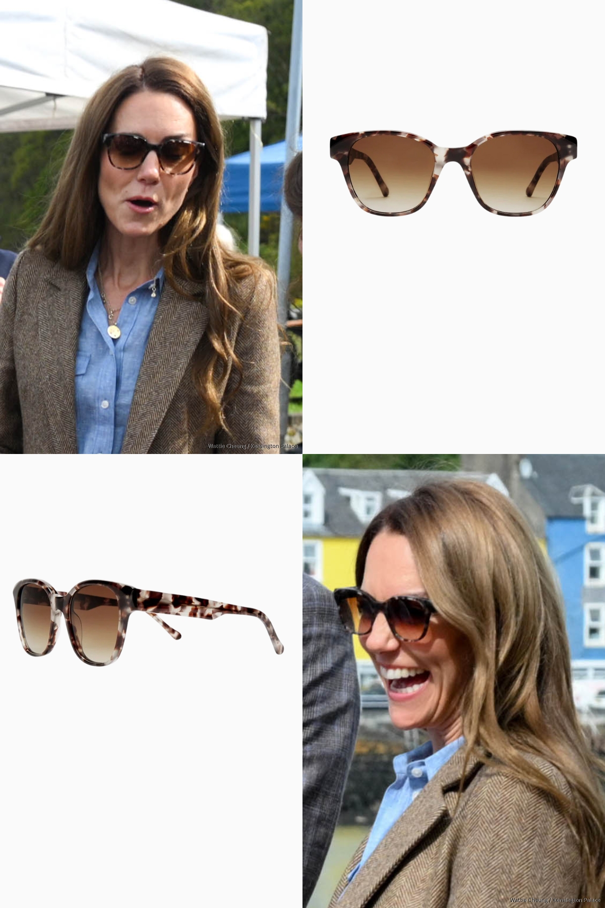 Composite image showing the Princess of Wales wearing her Finlay Vivian sunglasses alongside the store's cataglogue shots