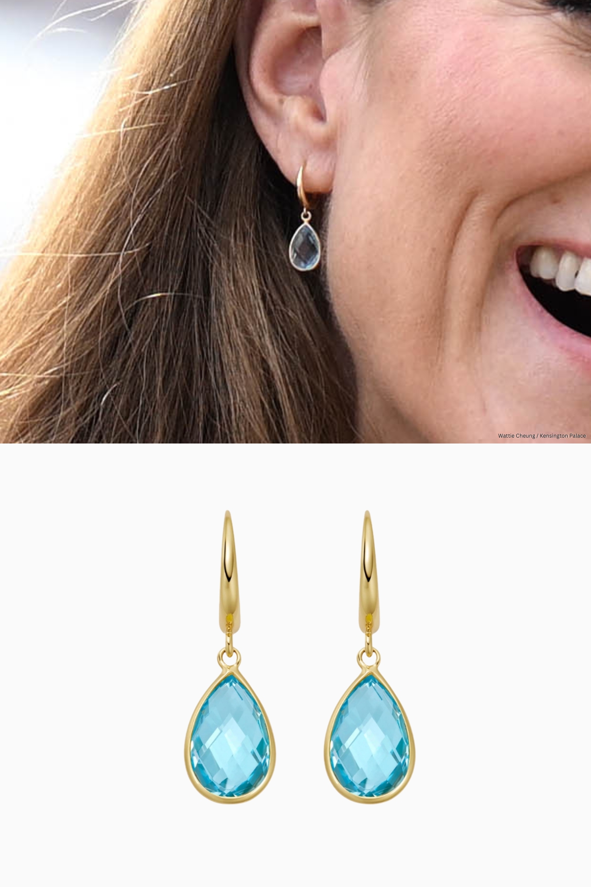 A very tight shot of Kate Middleton's ear showing the princess wearing the blue topaz pear drop earings, above a product image of the same earrings