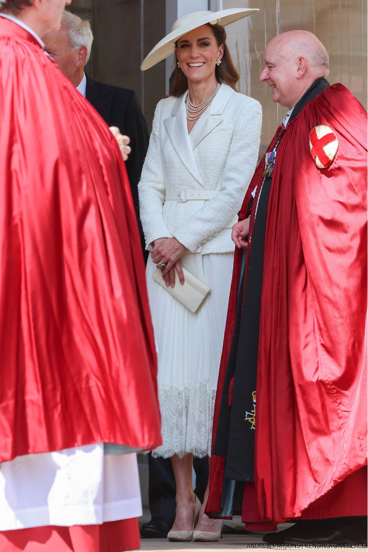 princess kate re-wears cream self-portrait dress for garter day Kate Middleton Looks Breezy In White Blazer Dress For Garter Day 2025