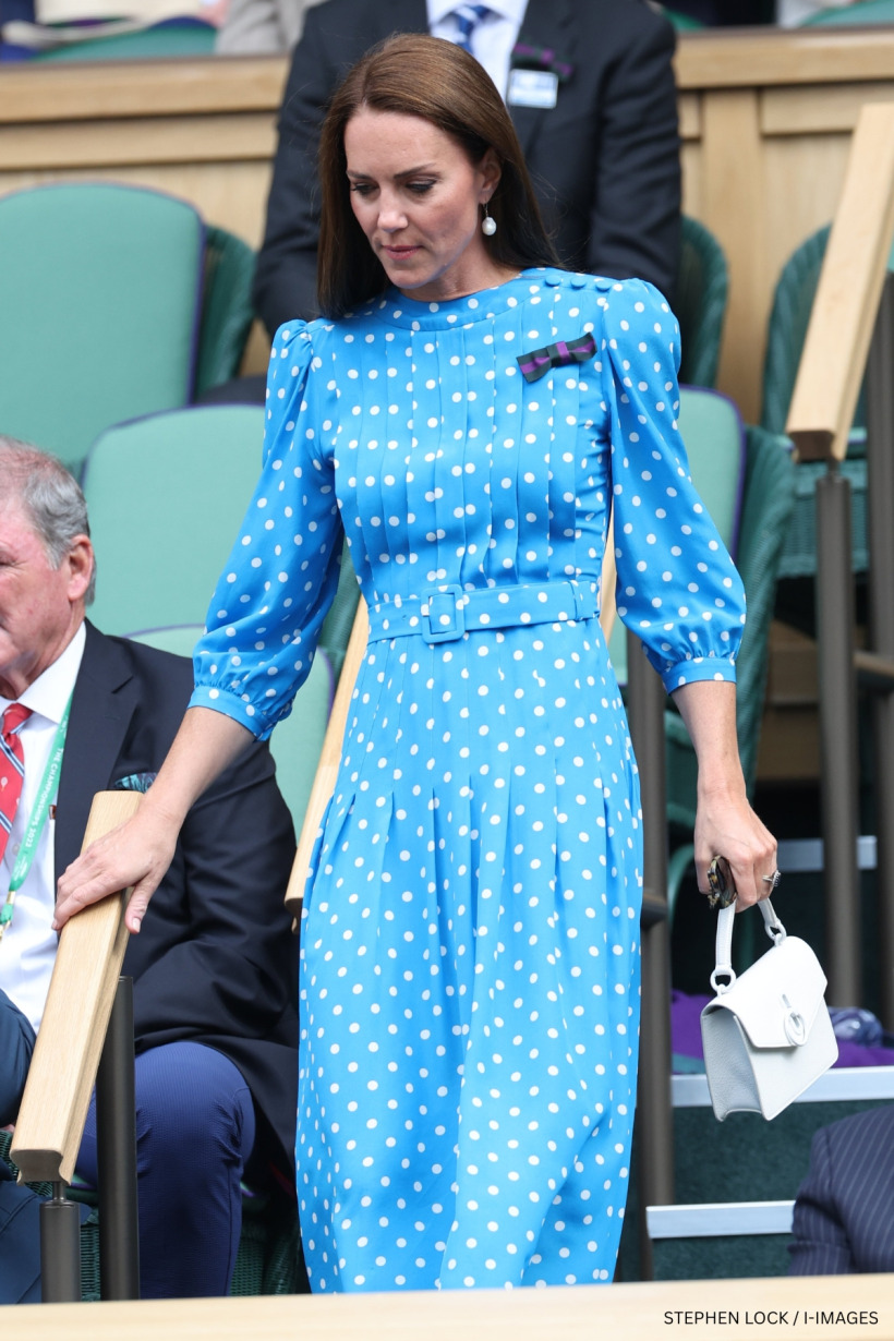 Kate Middleton wearing a blue polka dot Alessandra Rich dress on day nine of Wimbledon 2022