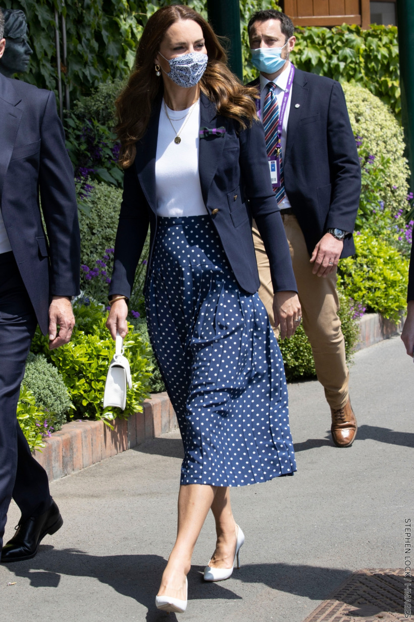 Kate Middleton wearing a blue polka dot Alessandra Rich skirt with a navy Smythe blazer at Wimbledon in 2021