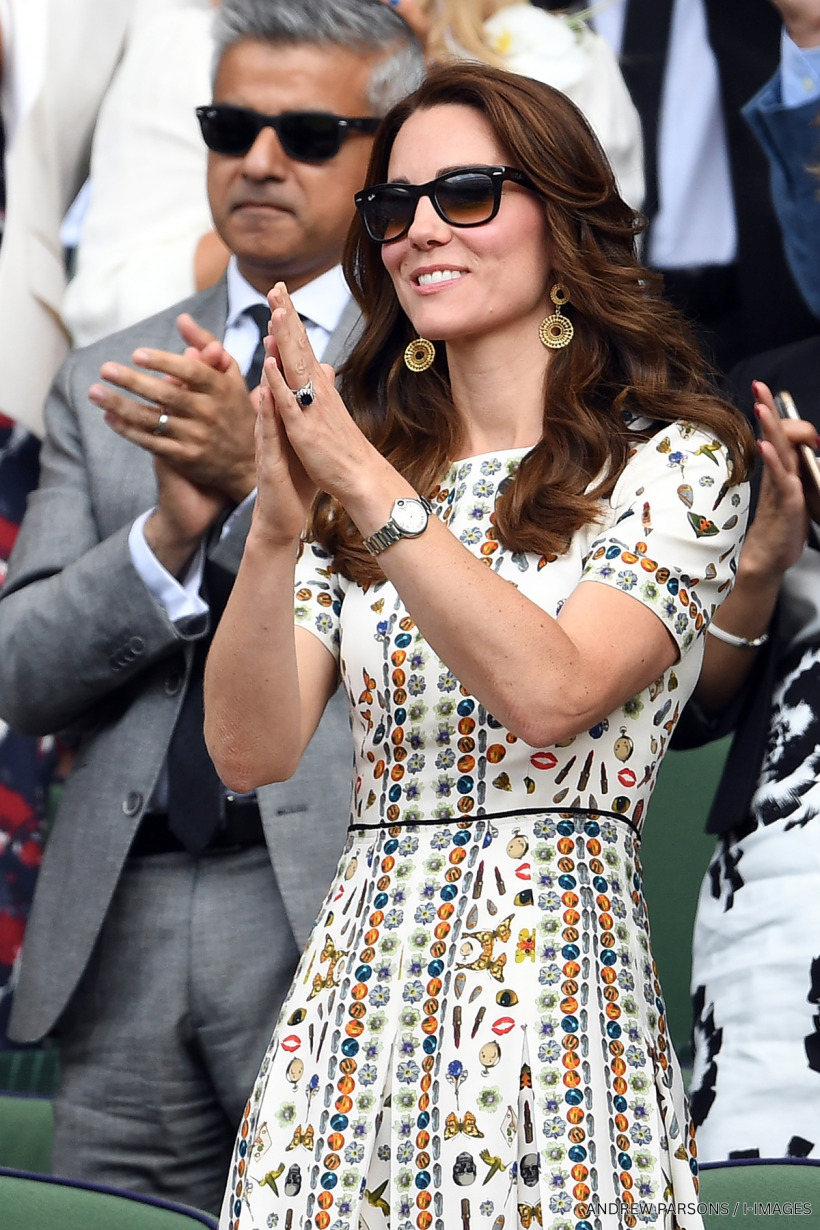 Kate Middleton wearing the printed Alexander McQueen 'Obsession Talisman' dress at the 2016 Wimbledon Men's Final