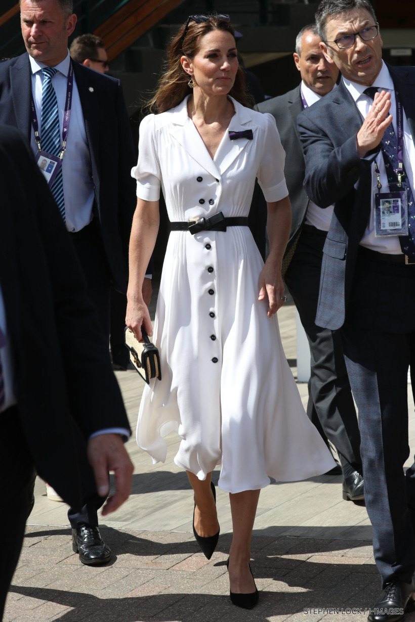 Kate Middleton wearing the white Suzannah 'Flippy Wiggle' dress at Wimbledon in 2019