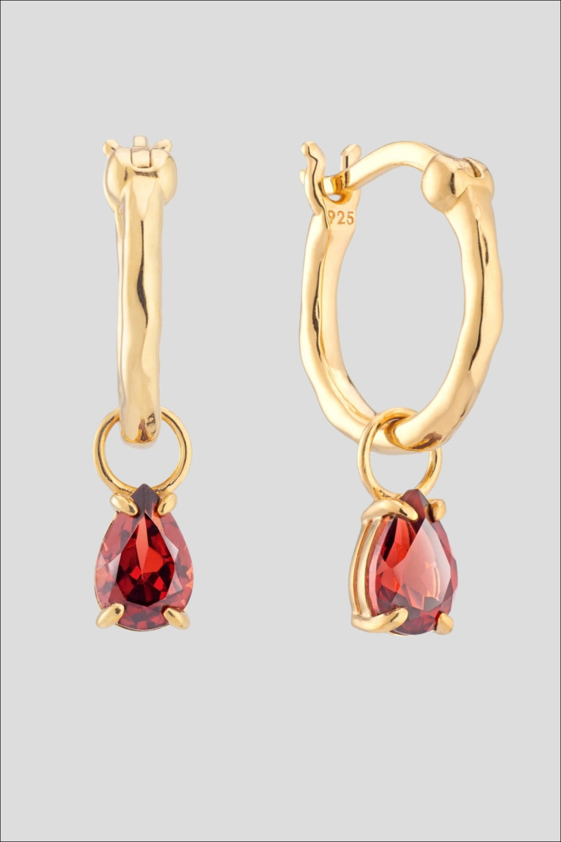 The Spells of Love garnet tear drop earrings, gold hoops with a removable garnet charm