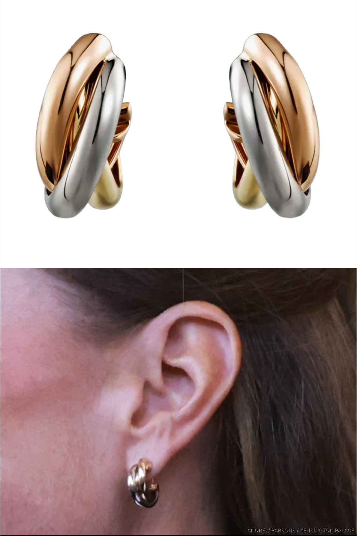 Image collage showing a close up of Kate's ear wearing the Cartier Trinity earrings at the rugby underneath a product shot of the earrings