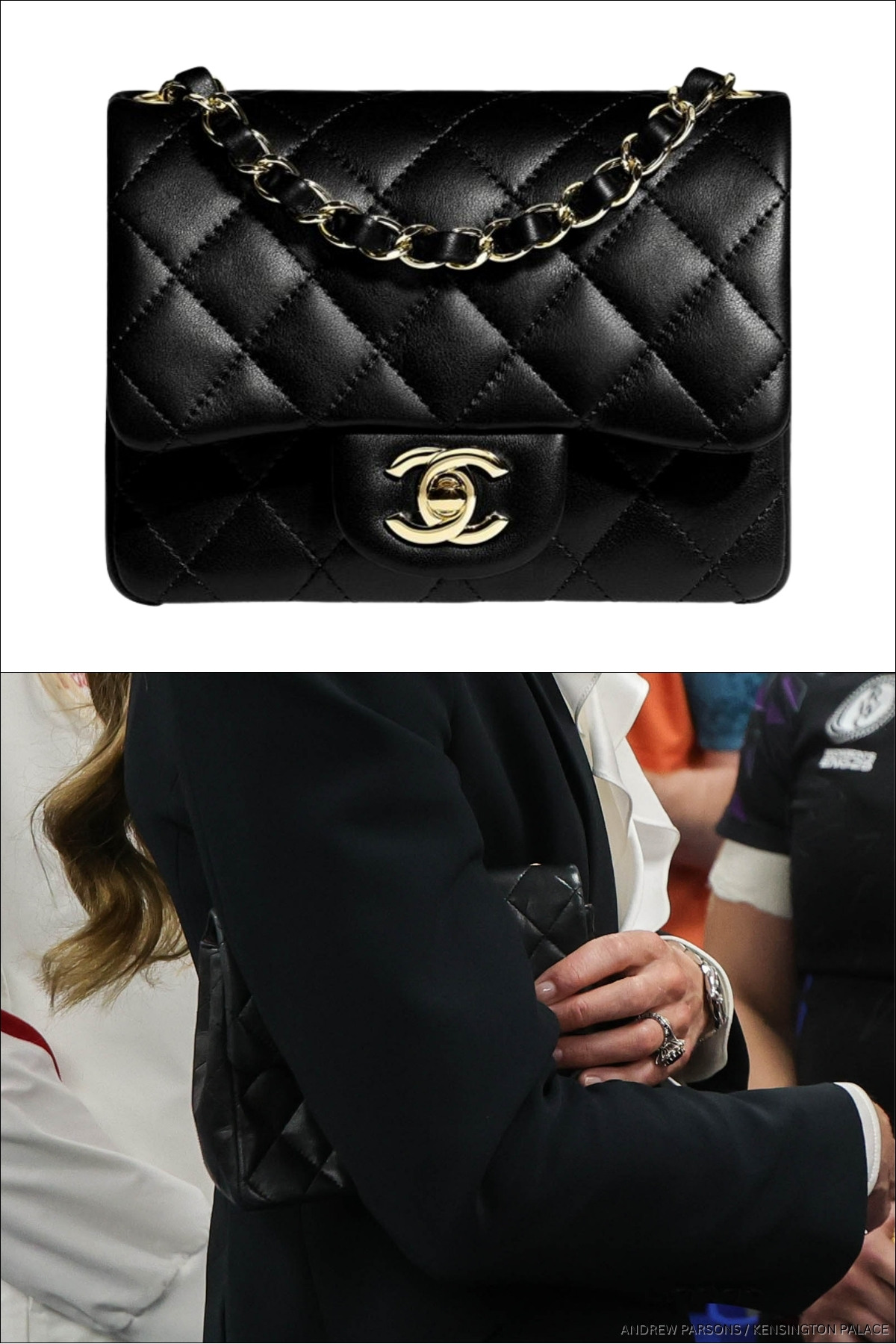 Image collage showing a close up of Kate's holding the Chanel handbag t the rugby underneath a product shot of the bag