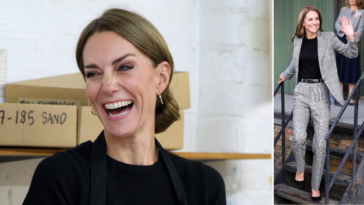 Kate Middleton visits textile mills wearing grey checked suit