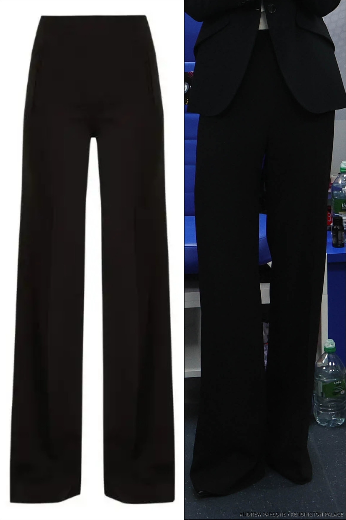 Image collage showing a close up of Kate wearing the Roland Mouret Axon trousers at the rugby underneath a product shot of the trousers