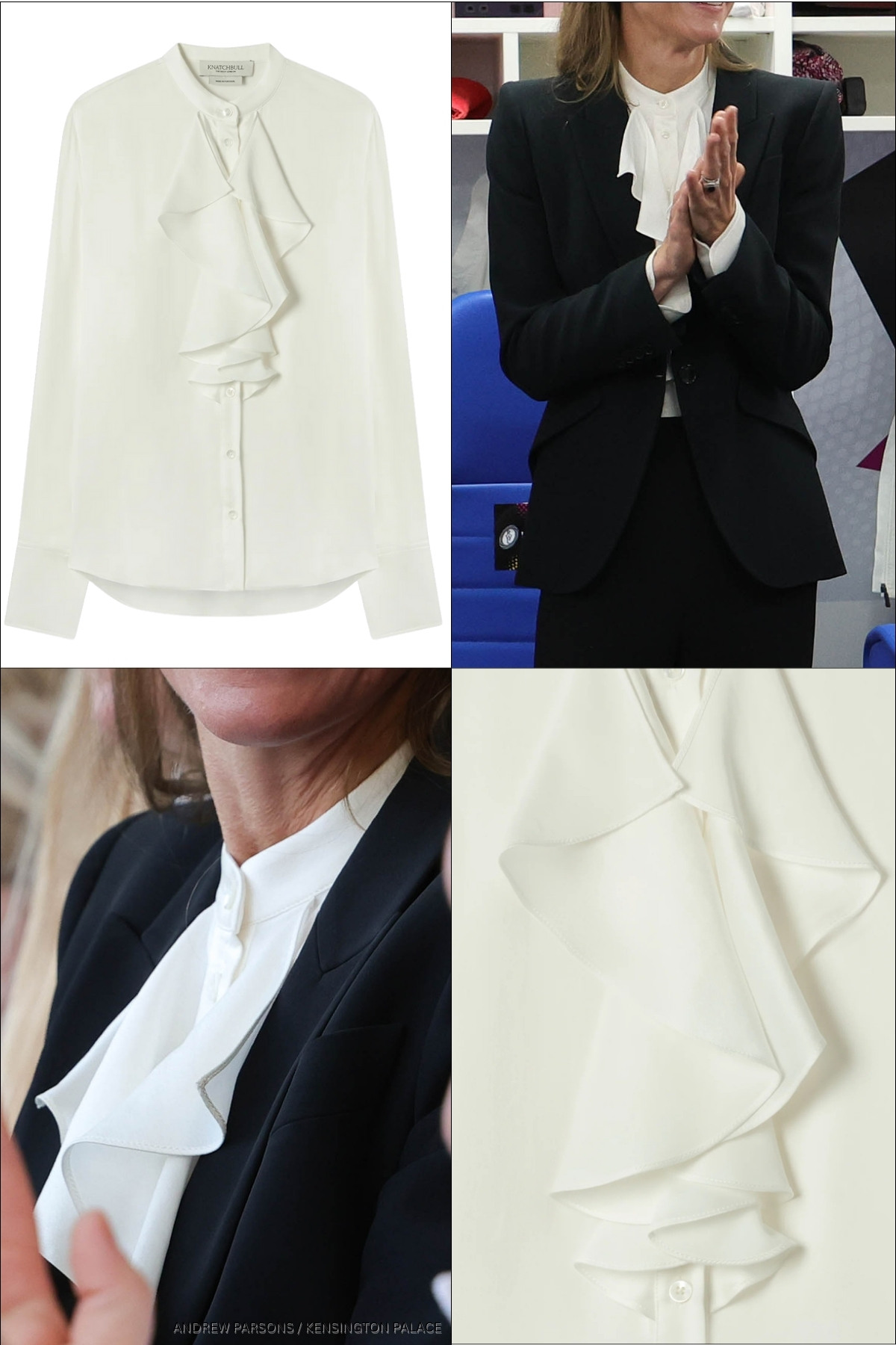 Image collage showing closes up of Kate wearing the Knatchbull ruffled silk blouse at the rugby, alongside product shots from the company's website