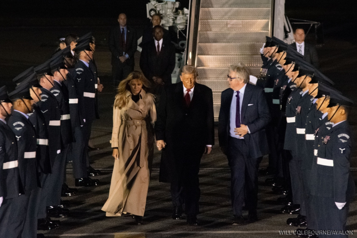 US President Donald Trump and First Lady Melania Trump exit Air Force One after landing for the second state visit to the United Kingdom.