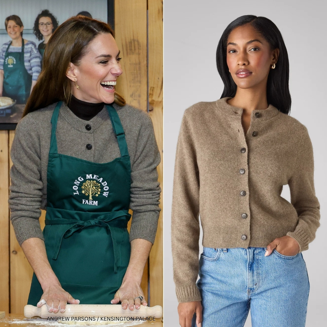 Two images - left image shows the Princess of Wales wearing her brown yak wool cardigan while baking, and on the right, the model wearing a cardigan from the brand's website