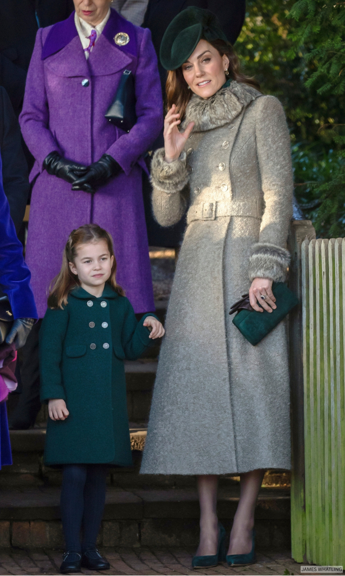 The Princess of Wales walks to church on Christmas Day 2019 wearing a grey mohair coat with forest green accessories