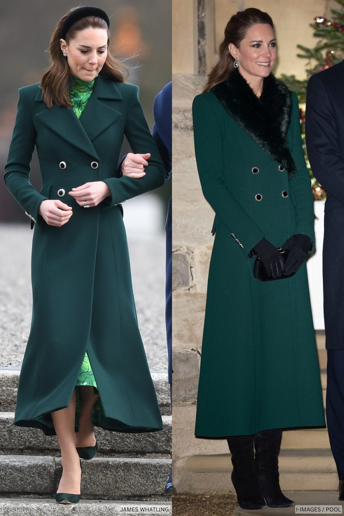 Side-by-side look at the Princess of Wales wearing the dark green coat on two different occasions