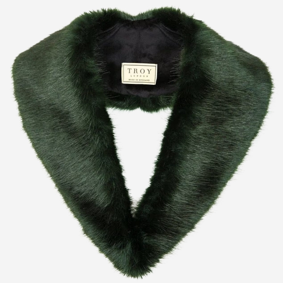 A product image of the green fur lapel from Troy London