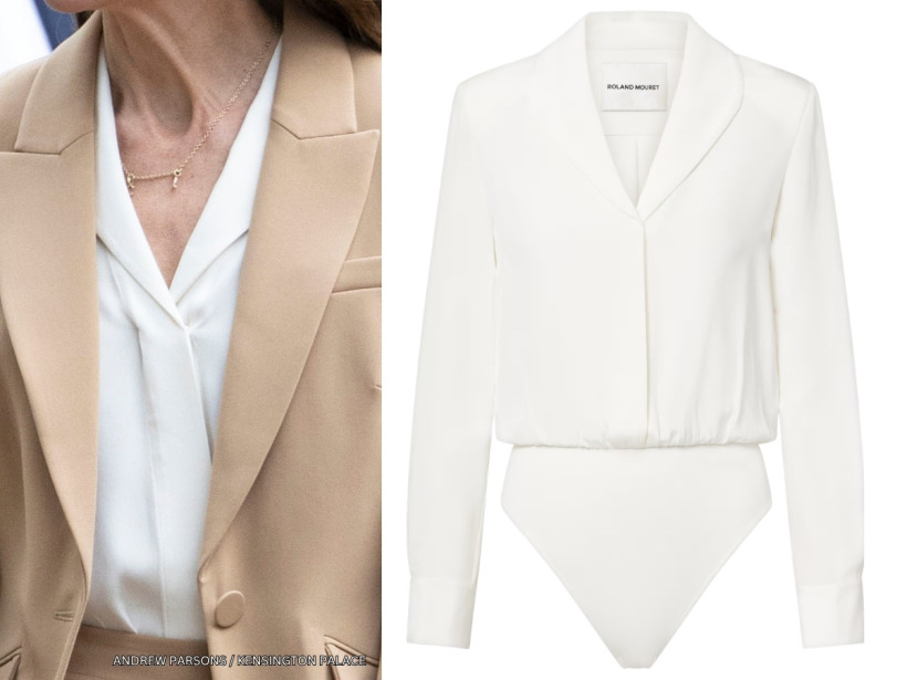 Close-up of the cream blouse or bodysuit the Princess of Wales wore beneath her camel Roland Mouret blazer