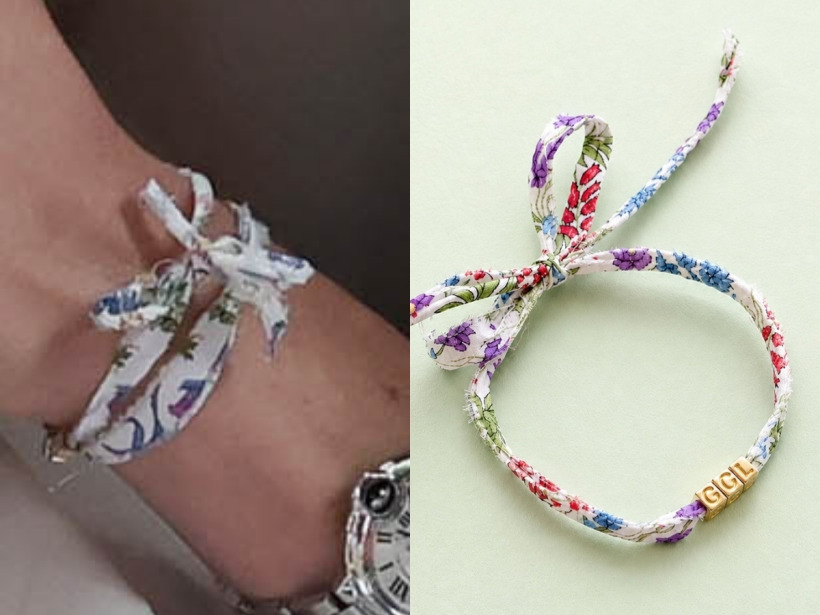 Close-up of Kate Middleton's Liberty-fabric Atelier Molayem ABC bracelet with engraved gold beads.