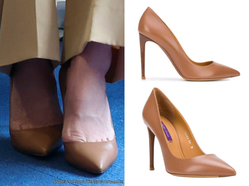 The Princess of Wales wearing Ralph Lauren's Celia pumps in Gold with her camel Roland Mouret suit