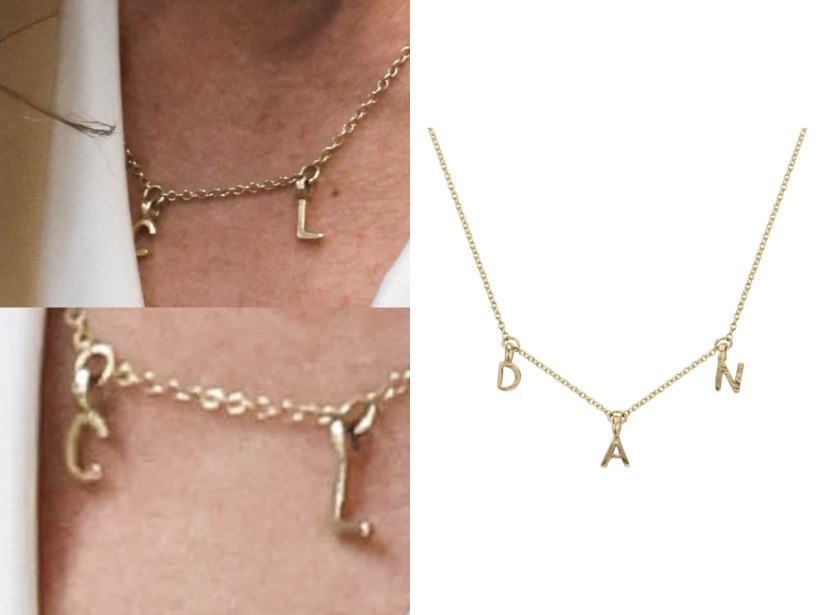 The Princess of Wales wearing Daniella Draper's Fixed Alphabet necklace in gold with the initials G, C and L for her three children George, Charlotte and Louis