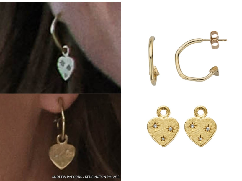The Princess of Wales wearing Daniella Draper's Midnight Keeper's Heart trio diamond charms suspended from her Mini Cupid gold hoops
