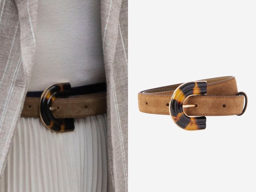 Side-by-side of Kate Middleton wearing the Blazé Milano Viva Nal tan suede belt with tortoiseshell buckle, alongside the product stock image.