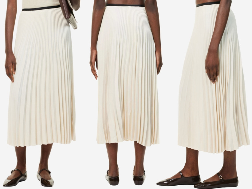 Jenni Kayne ivory pleated maxi skirt with contrasting black elasticated waistband.
