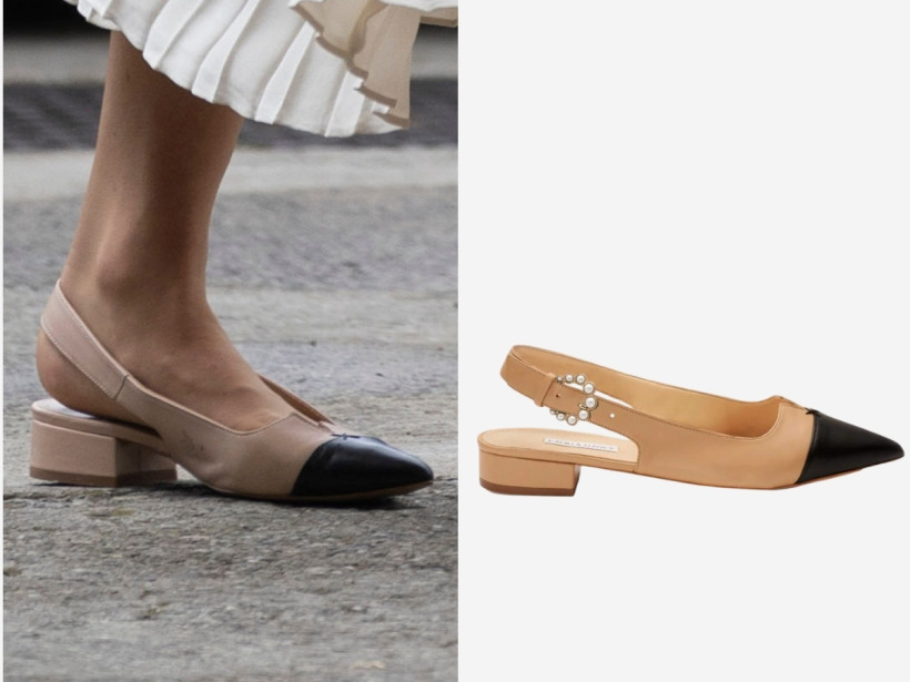 Camilla Elphick 'Alicia' two-tone slingback flats in taupe and black with pearl buckle detail.