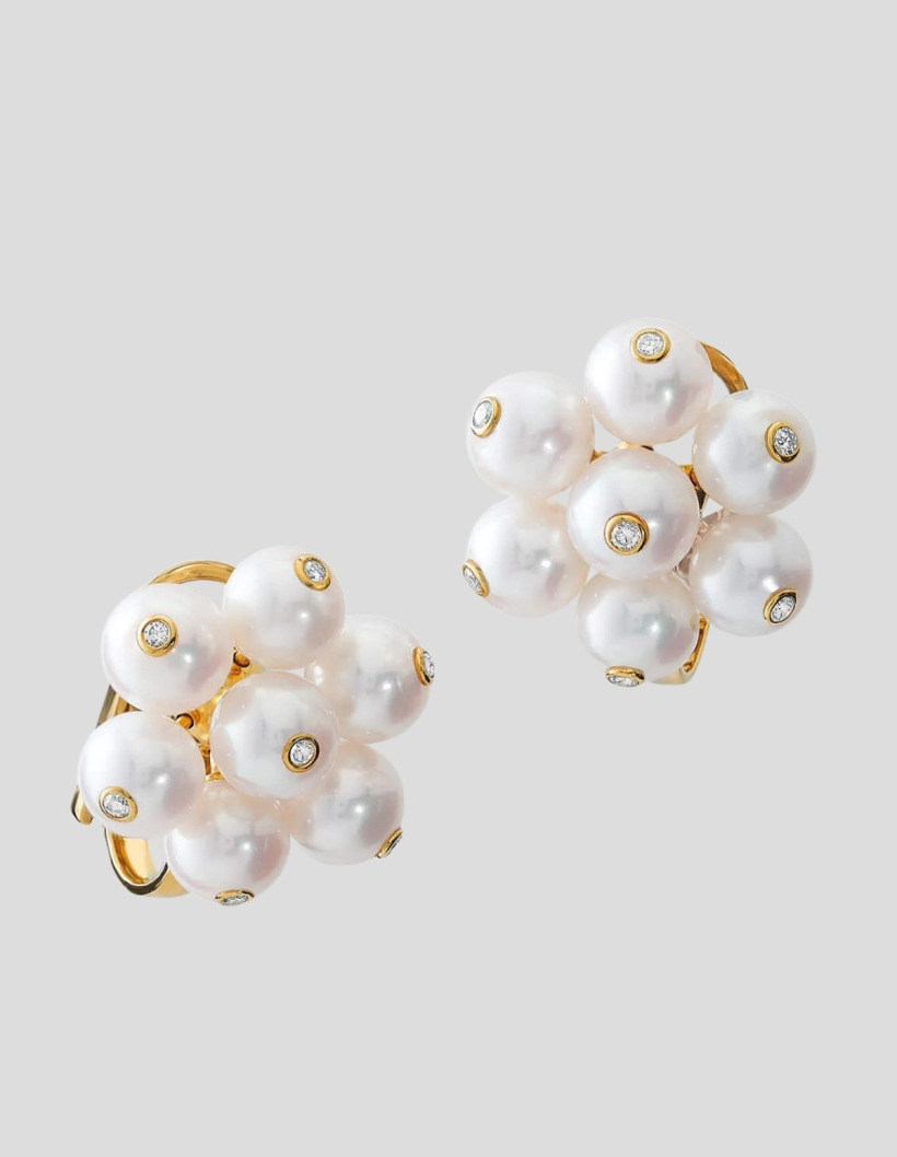 The Cassandra Goad Cavolfiore earrings in 18ct yellow gold, set with seven white pearls and accent diamonds