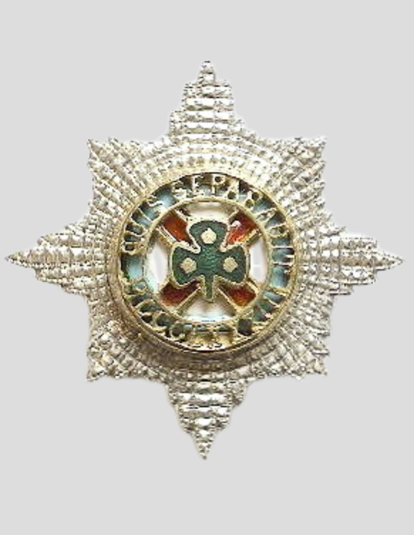 The Irish Guards regimental brooch: a star of the Order of St Patrick with a green enamelled shamrock at its centre