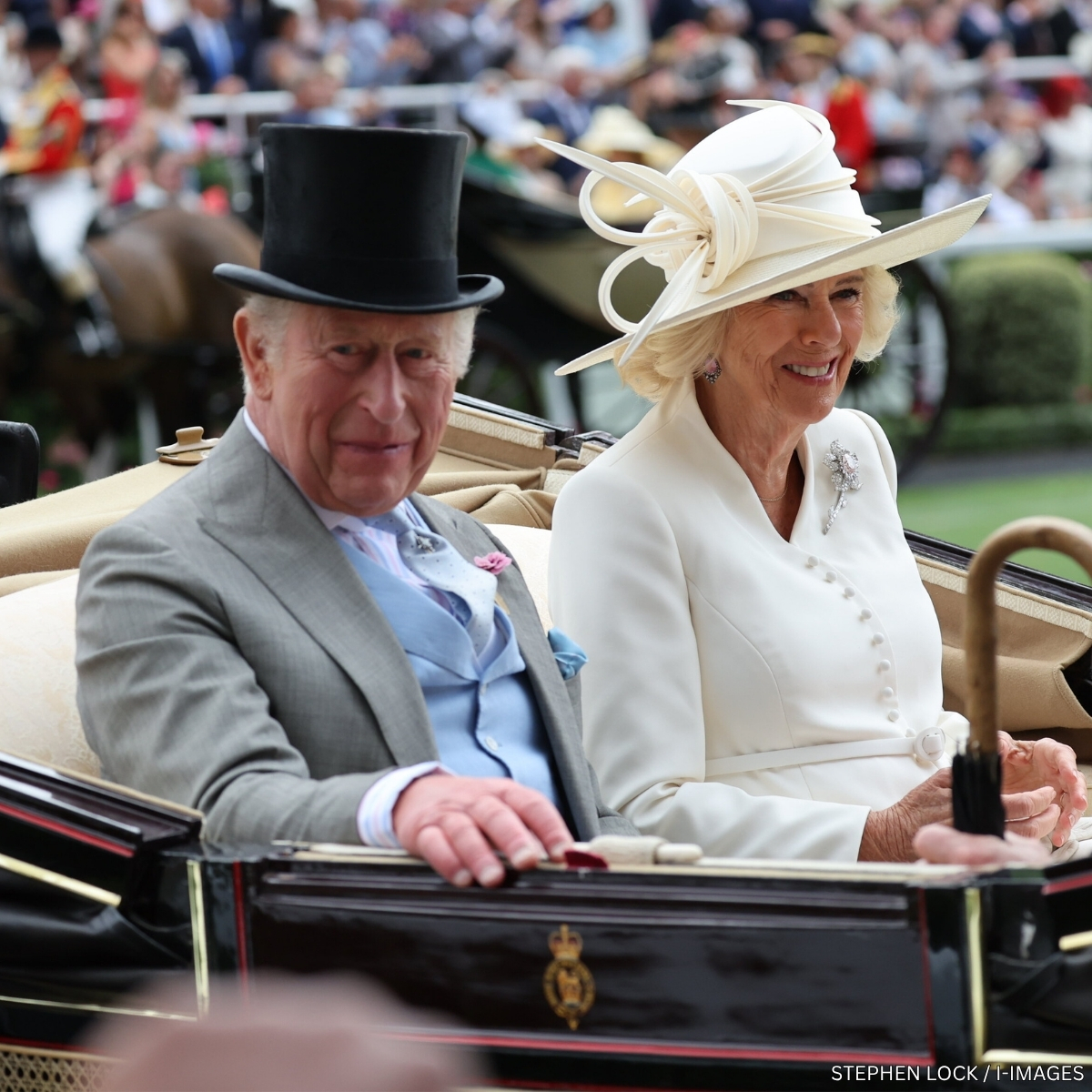 King Charles and Queen Camilla in the royal carriage procession on Day Rwo of Royal Ascot 2026