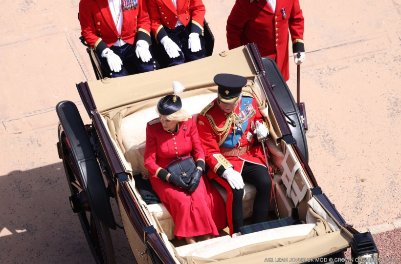 King Charles and Queen Camilla travel along The Mall in an Ascot Landau carriage at Trooping the Colour 2026