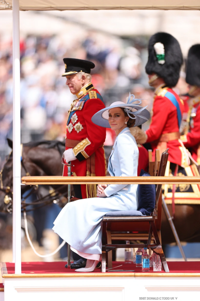 The Princess of Wales in her powder blue coatdress watches the parade at Horse Guards Parade