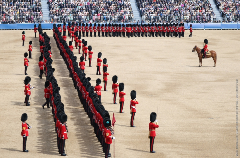 Guardsmen of the 1st Battalion Grenadier Guards on parade at Horse Guards during Trooping the Colour 2026